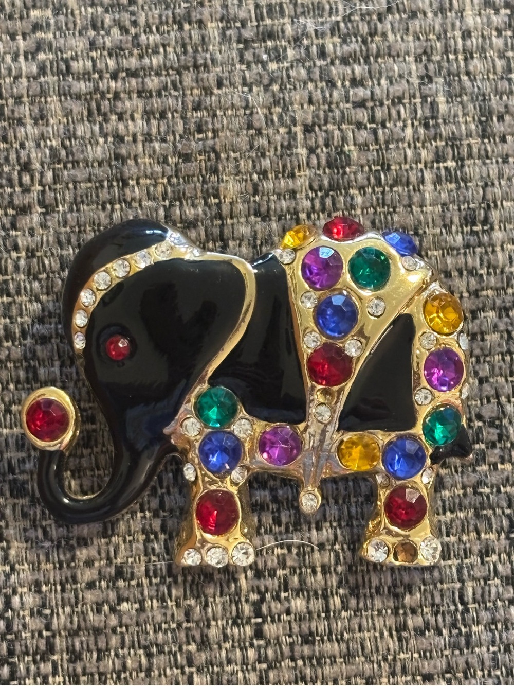 Jeweled Elephant Brooch Black Enamel Multicolor Rhinestone Gold Tone Pin